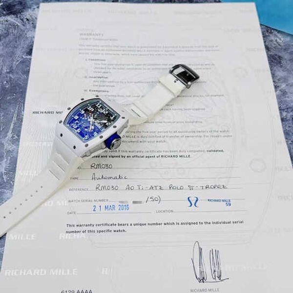 richardmille swiss watches rm tactical mechanical wrist watches rm030 ao white ceramic material blue gray color dynamic storage date display
richardmille swiss watches rm tactical mechanical wrist watches rm030 ao white ceramic material blue gray color dynamic storage date display