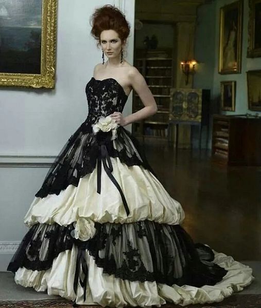 ivory and black gothic wedding dresses a line tiered long vintage bridal gowns sleeveless lace appliques taffeta vestido de novia plus size, White
ivory and black gothic wedding dresses a line tiered long vintage bridal gowns sleeveless lace appliques taffeta vestido de novia plus size, White