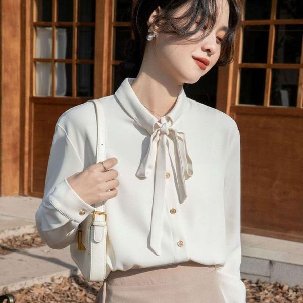 bow ribbon shirt for women spring and autumn design niche professional milk apricot casual chic, White
bow ribbon shirt for women spring and autumn design niche professional milk apricot casual chic, White