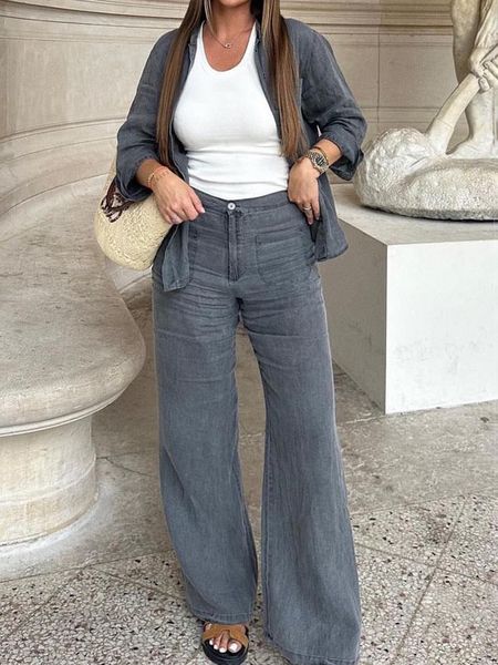 womens two piece pants gray pocket casual blouse pant 2 set lapel single breasted shirt with long solid simple vintage female vocation sets, White 
womens two piece pants gray pocket casual blouse pant 2 set lapel single breasted shirt with long solid simple vintage female vocation sets, White