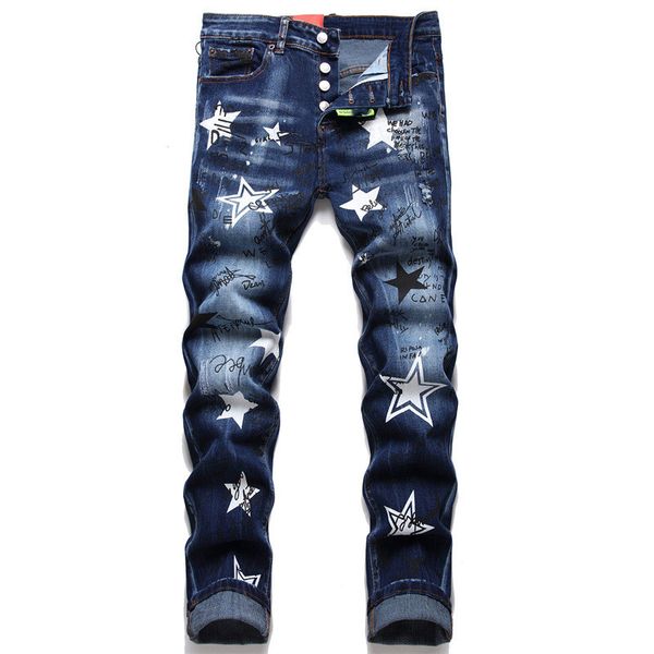 men's jeans star 3d printing slim fit cotton bullet fashion design slim fit button, Blue
men's jeans star 3d printing slim fit cotton bullet fashion design slim fit button, Blue