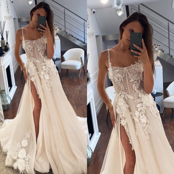 vintage a line wedding dresses for bride spaghetti wedding dress lace appliques tulle pearls split designer bridal gowns, White
vintage a line wedding dresses for bride spaghetti wedding dress lace appliques tulle pearls split designer bridal gowns, White