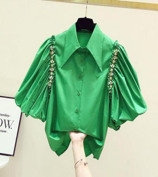 women's blouses & shirts fashion vintage crumpled blouse puff sleeve rhine green irregular single-breasted shirt womens summer wome8330, White 
women's blouses & shirts fashion vintage crumpled blouse puff sleeve rhine green irregular single-breasted shirt womens summer wome8330, White