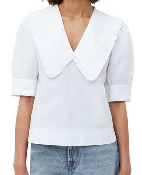 23ss ganni women designer fashion shirt silk casual pink ruffle edge doll neck bubble sleeve pure cotton short shirt shirt luxury t-shirt, White
23ss ganni women designer fashion shirt silk casual pink ruffle edge doll neck bubble sleeve pure cotton short shirt shirt luxury t-shirt, White