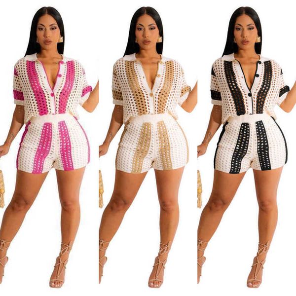 2023 summer designer womens tracksuits two piece sweater outfits new hollowed out perspective lapel knitted shorts set, Gray
2023 summer designer womens tracksuits two piece sweater outfits new hollowed out perspective lapel knitted shorts set, Gray
