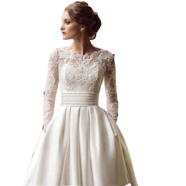 2023 a line wedding dresses illusion satin lace appliques beaded long sleeves ruched with pockets plus size formal bridal gowns, White
2023 a line wedding dresses illusion satin lace appliques beaded long sleeves ruched with pockets plus size formal bridal gowns, White