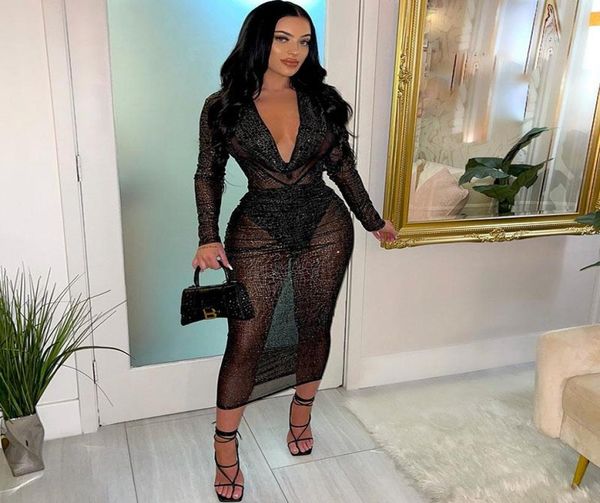 casual dresses see through sheer mesh party dress for women club wear vneck long sleeve bodycon nightclub black midi elegant5690169, Black;gray