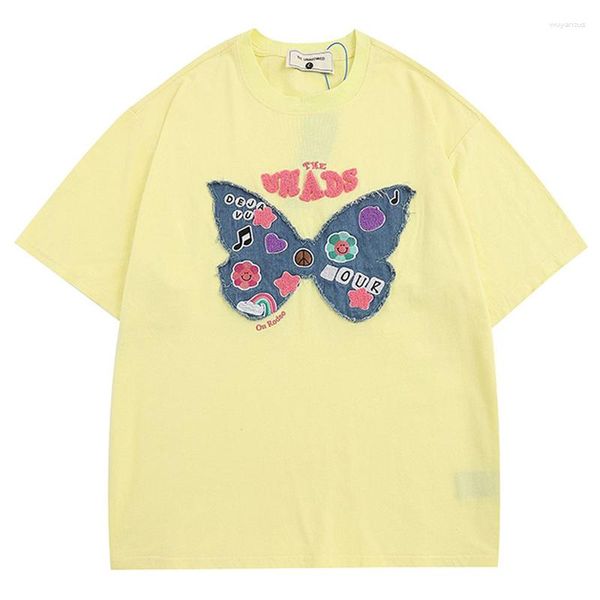 t men's shirts men t-shirt hip hop streetwear heavy industry denim patch butterfly embroidery casual dome half-sleeve loose cotton tees, White;black
t men's shirts men t-shirt hip hop streetwear heavy industry denim patch butterfly embroidery casual dome half-sleeve loose cotton tees, White;black