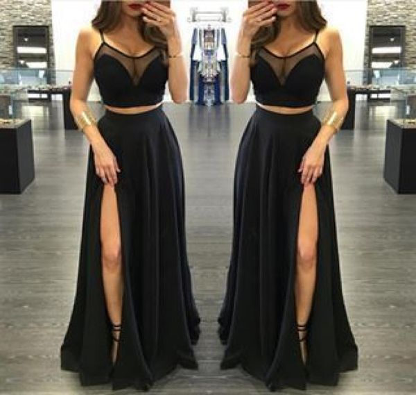 high side split prom dresses black spaghtti straps sheer neck chiffon long women skirts two piece formal party evening gowns4982088
high side split prom dresses black spaghtti straps sheer neck chiffon long women skirts two piece formal party evening gowns4982088
