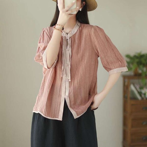 art retro pleated texture hemp shirt women summer thin contrast color stitching mid sleeve trend, White
art retro pleated texture hemp shirt women summer thin contrast color stitching mid sleeve trend, White