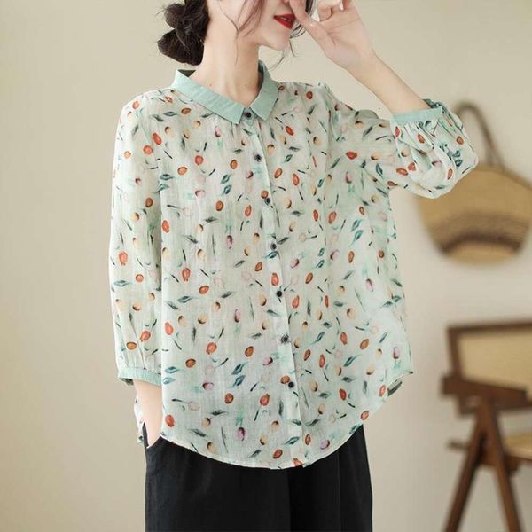light and thin shirt airy artistic loose cotton linen printed spring summer color matched cropped sleeves round, White
light and thin shirt airy artistic loose cotton linen printed spring summer color matched cropped sleeves round, White