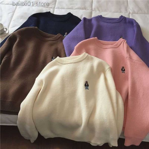 women's sweaters deeptown harajuku cute bear knitted sweater women korean fashion kawaii oversize cartoon embroidery basic jumper femal, White;black 
women's sweaters deeptown harajuku cute bear knitted sweater women korean fashion kawaii oversize cartoon embroidery basic jumper femal, White;black