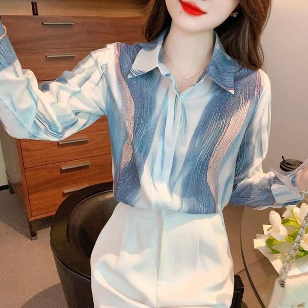 long sleeved shirt spring womens ink wash chiffon with a design sense of niche western style, White
long sleeved shirt spring womens ink wash chiffon with a design sense of niche western style, White