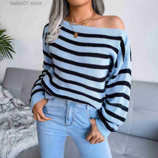 women's sweaters ficusrong women autumn winter off-the-shoulder long sleeve casual loose striped knit sweater for ladies fashion t2308, White;black
