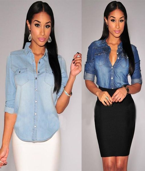vintage women denim blouse ladies classic long sleeve denim jeans blouse shirt casual women button pocket blue jean denim shirt x03563508, White 
vintage women denim blouse ladies classic long sleeve denim jeans blouse shirt casual women button pocket blue jean denim shirt x03563508, White