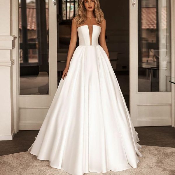 elegant long v-neck satin wedding dresses with pockets a-line ivory pleats floor length bridal gown vestido de novia women dresses, White
elegant long v-neck satin wedding dresses with pockets a-line ivory pleats floor length bridal gown vestido de novia women dresses, White