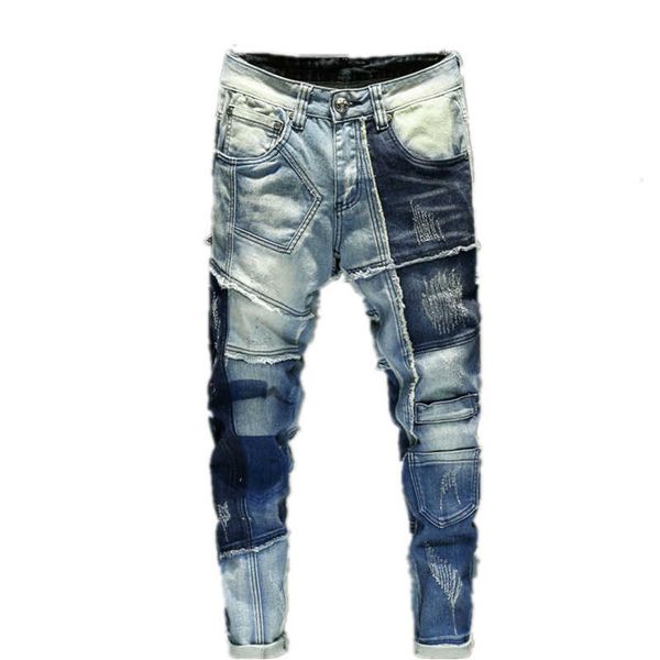 men's jeans featuring for men with slim fit straight tube personalized youth patch fashionable beggar pants, Blue
men's jeans featuring for men with slim fit straight tube personalized youth patch fashionable beggar pants, Blue