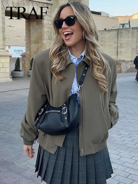 women's jackets traf 2023 women elegant lapel zipper jakcet vintage solid long sleeve bomber jacket spring female casual coats streetwe, Black;brown
women's jackets traf 2023 women elegant lapel zipper jakcet vintage solid long sleeve bomber jacket spring female casual coats streetwe, Black;brown