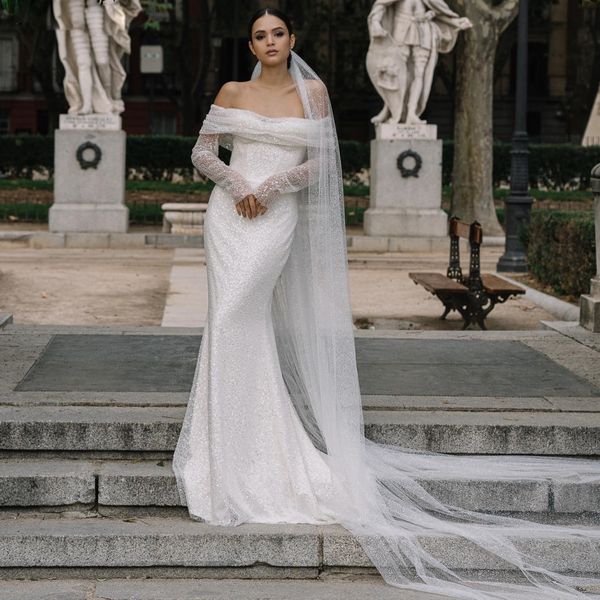 sparkly off shoulder mermaid wedding dresses draped beading sequined bridal gown long sleeve vestido de novia, White
sparkly off shoulder mermaid wedding dresses draped beading sequined bridal gown long sleeve vestido de novia, White