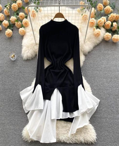 a line korean runway dresses temperament knitted dress women autumn slim thin irregular contrast color patchwork vestidos fashion 2551256, Black
a line korean runway dresses temperament knitted dress women autumn slim thin irregular contrast color patchwork vestidos fashion 2551256, Black