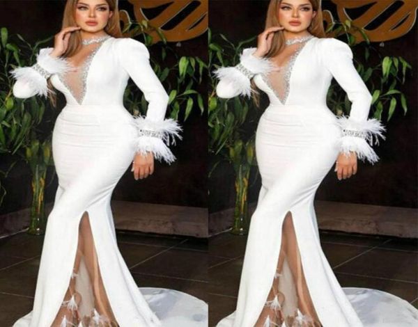 chic 2020 arabic white mermaid prom dresses with feather long sleeve high side split formal evening gowns custom made plus size pa5792481, Black;red
chic 2020 arabic white mermaid prom dresses with feather long sleeve high side split formal evening gowns custom made plus size pa5792481, Black;red