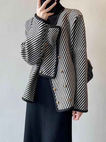 womens jackets spring autumn striped irregular knitted cardigan thick woolen coats lady doublebreasted allmatch casual vintage 230818, Black;brown
womens jackets spring autumn striped irregular knitted cardigan thick woolen coats lady doublebreasted allmatch casual vintage 230818, Black;brown
