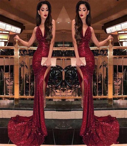 2019 burgundy v neck sequins mermaid prom dresses high slits vestidos de fiesta sweep train formal long evening party prom go4897740, Black
2019 burgundy v neck sequins mermaid prom dresses high slits vestidos de fiesta sweep train formal long evening party prom go4897740, Black