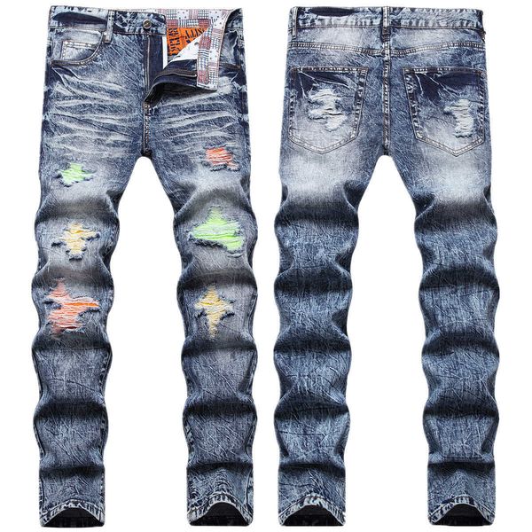 men's jeans autumn/winter light color perforated patch for men with elastic blue feet personalized trendy long pants
men's jeans autumn/winter light color perforated patch for men with elastic blue feet personalized trendy long pants