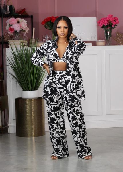 womens two piece pants autumn shirt three set women fashion printed loose wide leg work suit 230817, White 
womens two piece pants autumn shirt three set women fashion printed loose wide leg work suit 230817, White