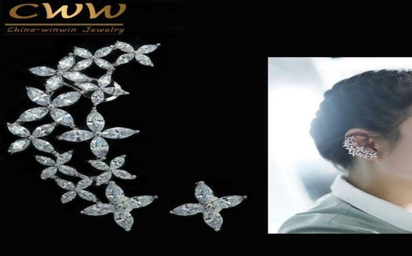 

design right and left asymmetric fashion brand big cubic zirconia ear cuff flower earrings for women cz294 2107148993268, Golden;silver
