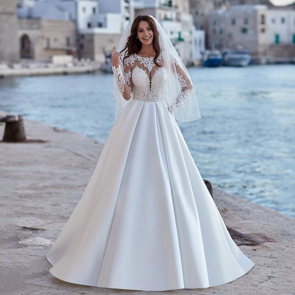 luxury beading wedding dress illusion long sleeves appliques satin bridal gown a line robe mariage wedding gown for bride, White
luxury beading wedding dress illusion long sleeves appliques satin bridal gown a line robe mariage wedding gown for bride, White