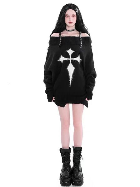 women's sweaters qweek gothic harajuku punk sweater women pullovers y2k goth dark grunge off shoulder knitted autumn long sleeve 23081, White;black
women's sweaters qweek gothic harajuku punk sweater women pullovers y2k goth dark grunge off shoulder knitted autumn long sleeve 23081, White;black