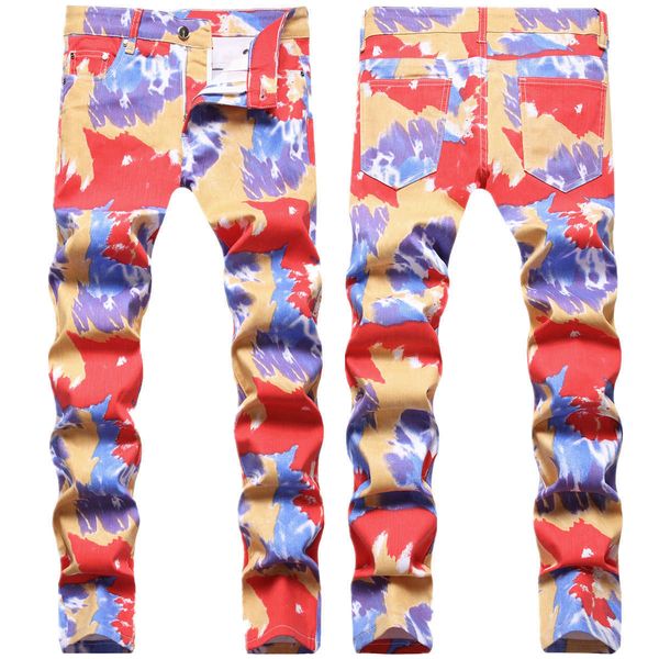 men's jeans trendy for casual slim fitting printed stretch personalized color small foot mid waist pants, Blue
men's jeans trendy for casual slim fitting printed stretch personalized color small foot mid waist pants, Blue