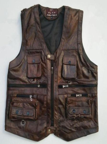 autumn new men039s waistcoat genuine leather vest reporters suit more than pocket men cowhide w9583692710, Black