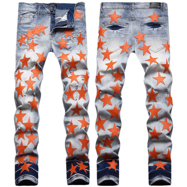 men's jeans chaopai autumn and winter orange five pointed star embroidered slim fit for trendy personalized feet elastic pants, Blue
men's jeans chaopai autumn and winter orange five pointed star embroidered slim fit for trendy personalized feet elastic pants, Blue