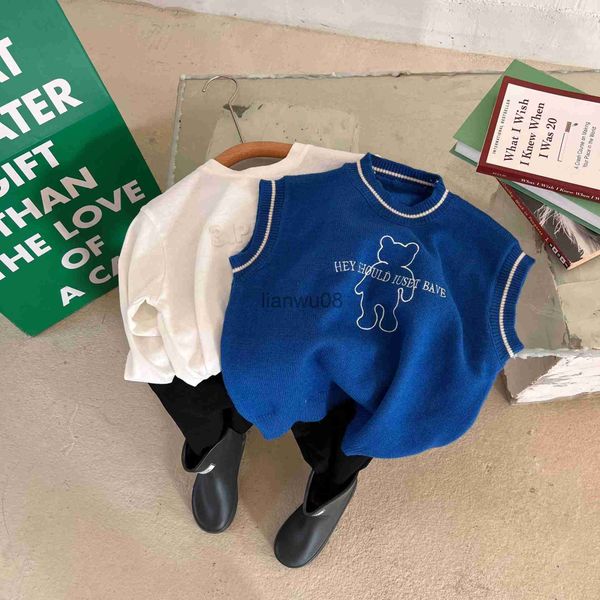 pullover autumn spring girls boys cute cartoon bear knitting vest kids cardigan toddler children baby trendy pullover sweater casuales x0818, Blue