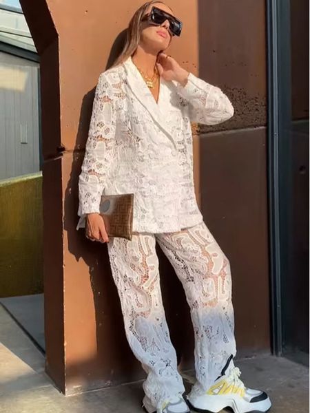 womens two piece pants lace cutout set long sleeve buttons blazer and straight leg trousers see through suit night club party 2pcs 230817, White
womens two piece pants lace cutout set long sleeve buttons blazer and straight leg trousers see through suit night club party 2pcs 230817, White