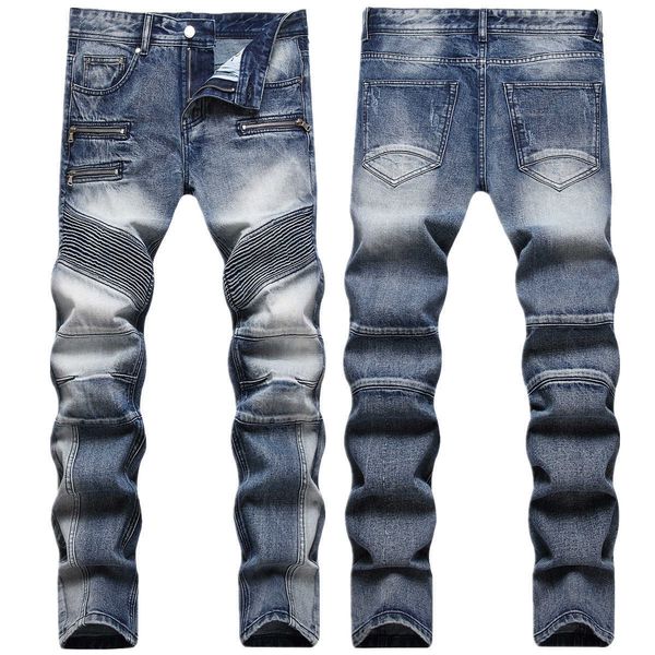 men's jeans autumn and winter vintage patchwork trendy personalized slim fitting small foot motorcycle pants, Blue
men's jeans autumn and winter vintage patchwork trendy personalized slim fitting small foot motorcycle pants, Blue