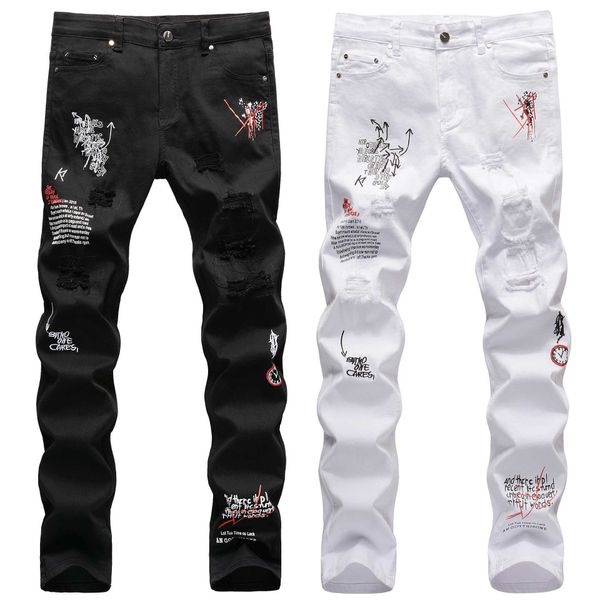 men's jeans high street fashion brand broken hole english embroidery printing black and white slim fit small straight tube personalized, Blue
men's jeans high street fashion brand broken hole english embroidery printing black and white slim fit small straight tube personalized, Blue