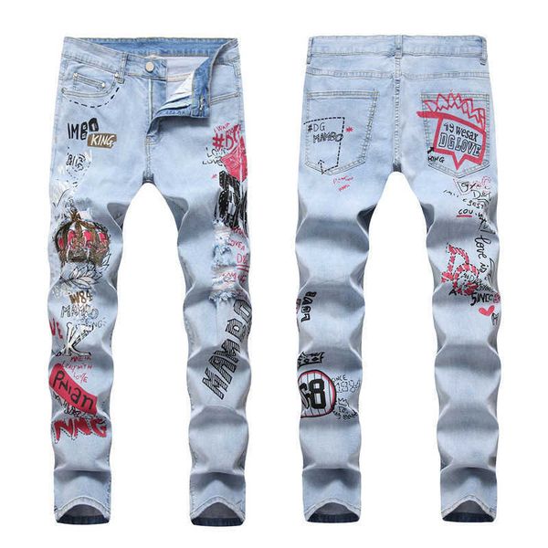 men's jeans high street hip-hop trendy light colored pierced embroidery high-end 3d three-dimensional printing king elastic, Blue
men's jeans high street hip-hop trendy light colored pierced embroidery high-end 3d three-dimensional printing king elastic, Blue