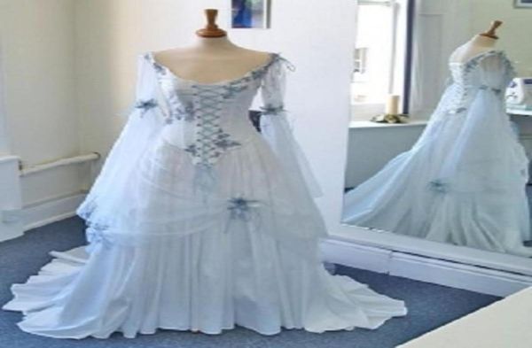 vintage celtic wedding dresses white and pale blue colorful medieval bridal gowns scoop neckline corset long bell sleeves applique1699460
vintage celtic wedding dresses white and pale blue colorful medieval bridal gowns scoop neckline corset long bell sleeves applique1699460