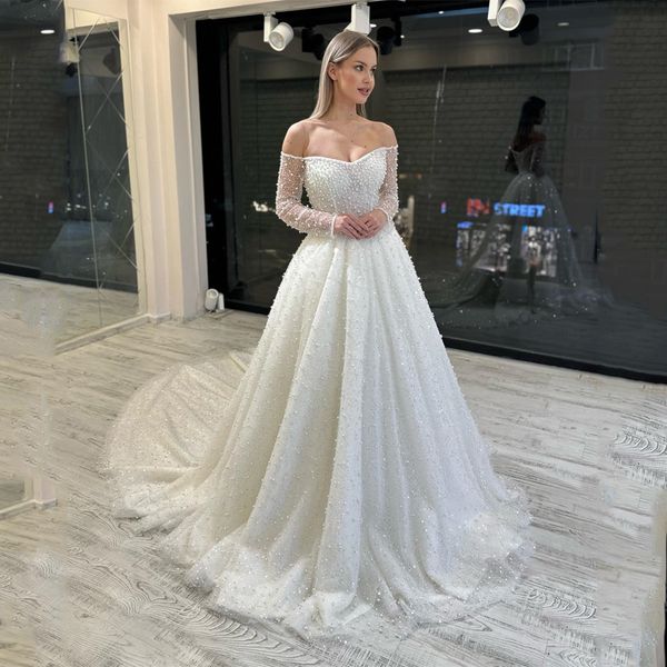 luxury shiny sequined pearls a-line wedding dress romantic off the shoulder long sleeved lace up princess bridal gown vestido de noiva, White
luxury shiny sequined pearls a-line wedding dress romantic off the shoulder long sleeved lace up princess bridal gown vestido de noiva, White