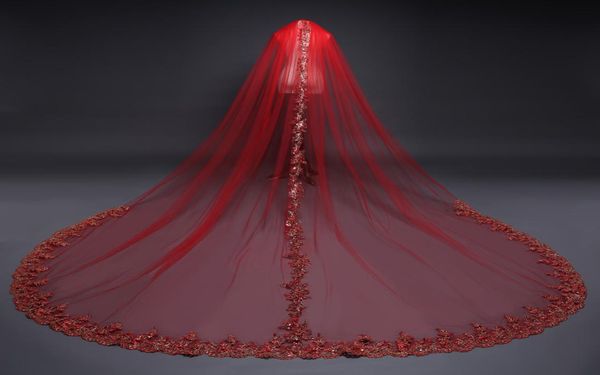 red soft tulle bridal veils lace appliques sequins one layer cathedral wedding veil with combs custom length veils for brides4119293, Black 
red soft tulle bridal veils lace appliques sequins one layer cathedral wedding veil with combs custom length veils for brides4119293, Black