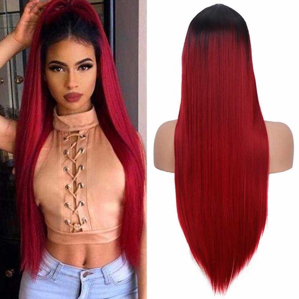 wig women's dyed black gradient red split long straight hair wig set 230818