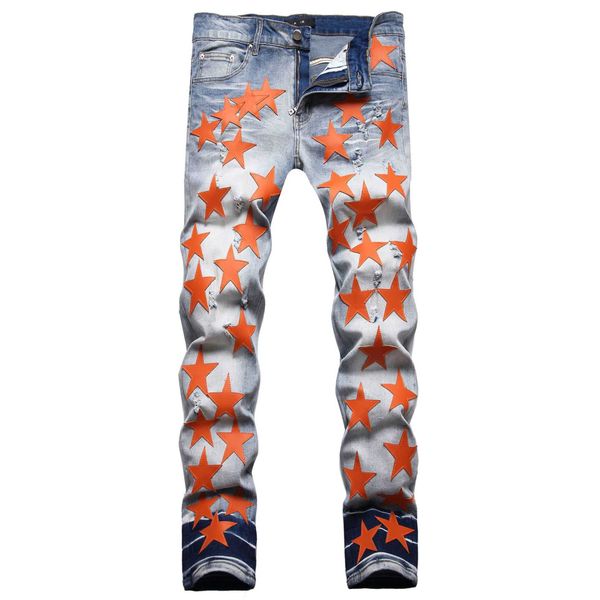 men's jeans trendy embroidered star patch casual with patchwork leather and fashionable elastic slim fitting pants for men, Blue
men's jeans trendy embroidered star patch casual with patchwork leather and fashionable elastic slim fitting pants for men, Blue