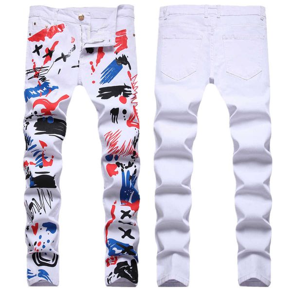 men's jeans trendy street hip-hop rock style paired with multi-color digital print elastic slim fitting for men, Blue
men's jeans trendy street hip-hop rock style paired with multi-color digital print elastic slim fitting for men, Blue