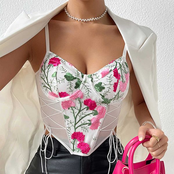 mesh flower embroidery steel ring fishbone lace up mesh style versatile strap ins tank 759, White