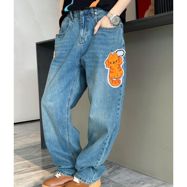 8.19 fashion cat embroidery loose casual washed distressed straight jeans women, Blue
8.19 fashion cat embroidery loose casual washed distressed straight jeans women, Blue