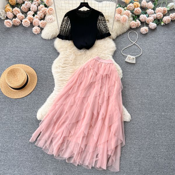 two piece dress pleated skirt new fashion court suits women's french round neck bubble sleeved high waisted slim mesh skirt two-piece, White
two piece dress pleated skirt new fashion court suits women's french round neck bubble sleeved high waisted slim mesh skirt two-piece, White