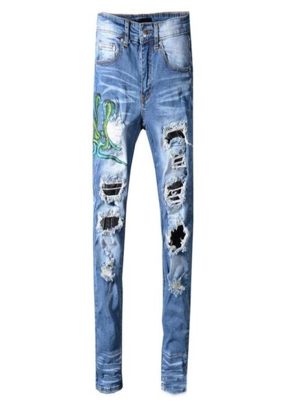 new men039s male blue snake embroidery skinny jeans streetwear pu leather patchwork holes ripped stretch denim pants trousers226683060
new men039s male blue snake embroidery skinny jeans streetwear pu leather patchwork holes ripped stretch denim pants trousers226683060